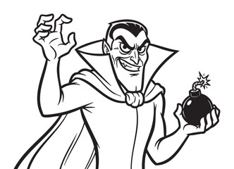 Fototapeta premium Black and white cartoon illustration of a sinister vampire character with sharp eyebrows holding a bomb with a lit fuse, gesturing with a menacing hand.