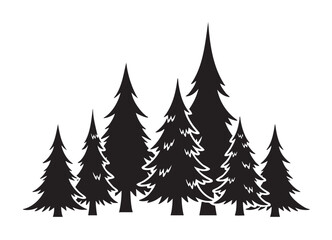 Obraz premium Black silhouette of various sizes of evergreen trees forming a dense forest. simple design for nature and wilderness themes.