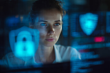cybersecurity professional working at a desk surrounded by abstract digital code, glowing blue security shields, and a subtle lock icon overlaying the screen