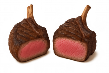 Grilled beef tomahawk steak cut in half, showcasing medium rare doneness, prepared for a gourmet meal