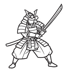 Fototapeta premium Black and white outline drawing of a samurai warrior in traditional armor, holding a katana in a defensive stance.