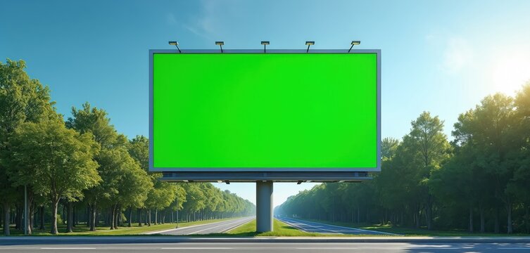 Large green screen chroma key billboard stands beside multi-lane highway, surrounded by green trees. Sunny day with bright blue sky. Blank ad display ready for brand advertisement, campaign, - Powered by Adobe
