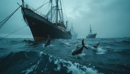 Dark seascape featuring two galleons battling amidst turbulent waves. Numerous fish trapped in large net, overfishing, marine distress. Dramatic lighting highlights conflict, ecological impact.