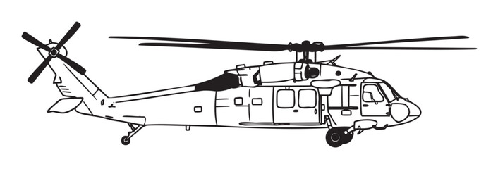 Fototapeta premium Black outline drawing of a military helicopter with detailed rotor blades and landing gear showcased from a side view.