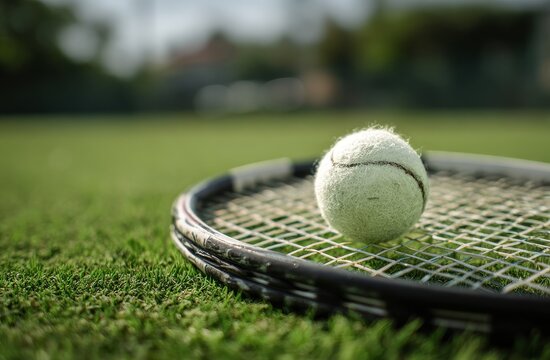 Tennis Ball Resting on Racket on Green Grass Court During Sunny Day