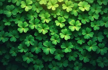 Fresh green clover field texture generated by AI. Lucky four leaf shamrock plants background. Abstract botanical texture. Nature photo for St Patrick day greetings banner. Spring backdrop with