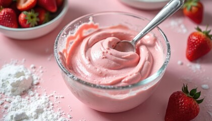 Close up of strawberry cake batter in bowl with spoon. Fresh strawberries and powdered sugar on pink background. Delicious dessert preparation at home concept for party food.