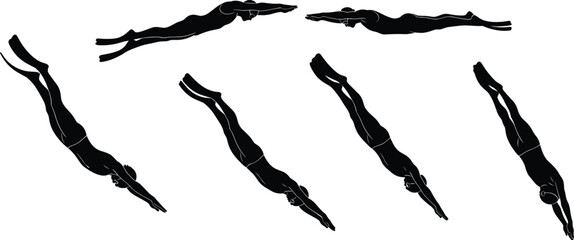 Diving silhouette sequence illustration, swimmer motion study, aquatic sports technique concept, athletic posture analysis, water entry training, fitness lifestyle