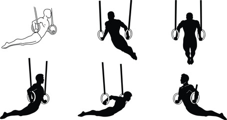 Gymnastic rings exercise silhouette sequence, calisthenics strength training illustration, athlete workout concept, bodyweight fitness technique, sports motion study, health lifestyle