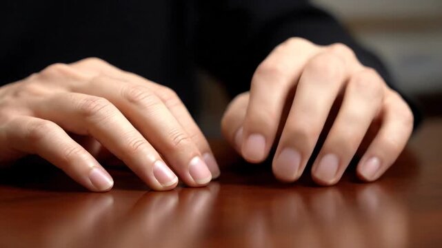 Closeup of two hands with fingers outstretched on a polished wooden surface