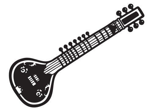 Black outline of a traditional indian sitar with intricate detailing on the body and multiple strings.