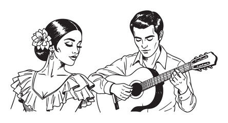 Fototapeta premium Black and white line drawing of a hispanic female dancer wearing a ruffled dress and a hispanic male musician playing an acoustic guitar.