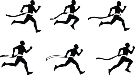 Runner crossing finish line silhouette sequence, victory achievement concept, sports competition illustration, athlete winning race, fitness success, health lifestyle