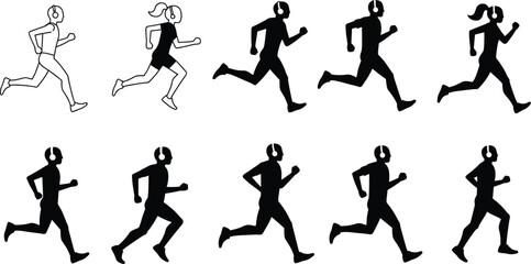 Running sequence illustration with headphones, athlete motion study, sports biomechanics, fitness training concept, gym workout posture, dynamic stride movement, health lifestyle