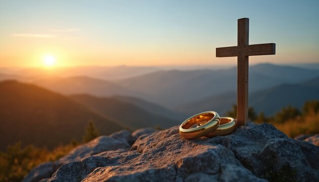 Wedding rings rest with cross on mountain peak. Golden rings near wooden cross. Christian marriage ceremony at sunset. Symbol of love faith eternity in nature.
