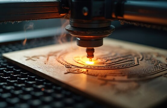 Laser machine engraves detailed pattern onto wood. Precision cutting tool creates intricate designs for craft projects. Automated engraving machine works on material. - Powered by Adobe