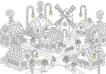 Fototapeta premium Gingerbread village coloring page