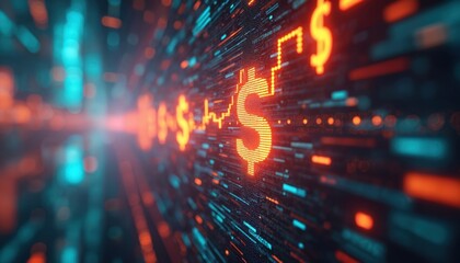 Glowing dollar signs on digital screen. Neon currency symbols on futuristic display. Financial data, money transfer concepts. Orange, blue lights on high-tech background. Global finance, online