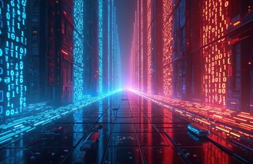 Futuristic cityscape glows with intense digital code streams illuminating towering buildings. Sleek vehicle glides down rain-slicked street creating vibrant light trails. Dramatic scene evokes