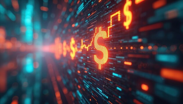 Glowing dollar signs on digital screen. Neon currency symbols on futuristic display. Financial data, money transfer concepts. Orange, blue lights on high-tech background. Global finance, online - Powered by Adobe