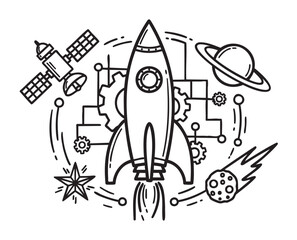 Black outline icon of a rocket surrounded by space elements like a satellite, planet, gear, comet, and star, representing innovation and exploration.