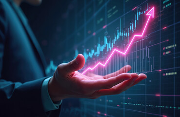Businessman hand holds glowing financial graph hologram. Pink arrow shows strong market growth, profit rise. Digital interface displays investment data, stock exchange trends, crypto market info.