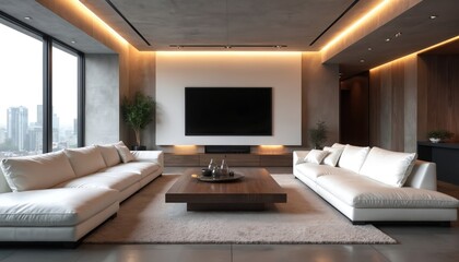 Fototapeta premium Ultra-modern living room minimalist design, luxurious materials. Large white leather sofa dominates space, complemented by dark wood coffee table, sleek entertainment unit. Ambient LED lighting