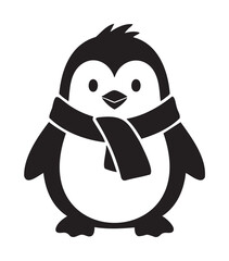Obraz premium Black silhouette of a cute cartoon penguin wearing a scarf, depicted with simple and bold lines.