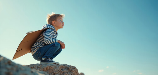 Young boy with homemade cardboard wings squats on rock, looking up into vast blue sky. Dreams of flying, imagining future full of success, adventure. Child visualizes becoming pilot, leader,