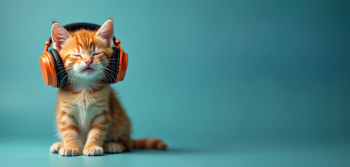 Happy ginger kitten listens music with headphones. Small orange cat sits with closed eyes against blue background. Cute domestic animal enjoys modern audio tech, rests indoors. Furry pet is pleased.