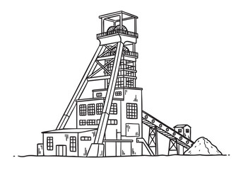 Detailed black outline drawing of a traditional mining tower structure with conveyor belts and machinery components.