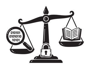 A balanced scale with a magnifying glass showing binary code on one side and an open book on the other, with a padlock at the base.