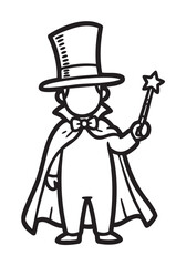 Black and white outline drawing of a person in a top hat and cape, holding a star-tipped wand, representing a magician.
