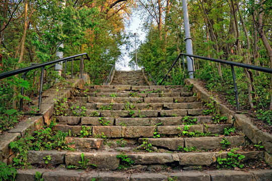 Old stone steps leading steeply uphill through lush green summer park