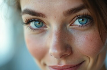 Naklejka premium Close up of a woman with bright blue eyes and freckles smiling gently. She appears confident and at ease, hinting at comfortable use of eyewear. Natural beauty highlighted.