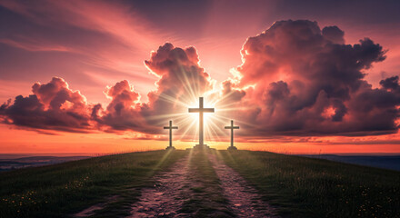 A dramatic, low-angle shot captures three wooden crosses silhouetted against a brilliant sunset on the crest of a grassy hill. Intense, radiating rays of light burst from directly behind them.