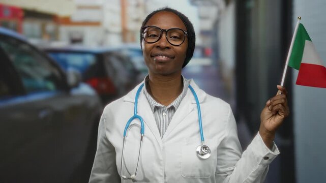 Woman wearing a white coat holds an italian flag outdoors on an urban street, embodying a blend of cultures with a professional and confident demeanor.