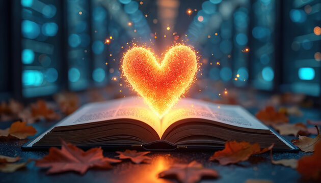 Open book radiates glowing heart symbol within neon data center background. Digital innovation merges with romantic concept. Futuristic technology affection, connection. Intense light highlights