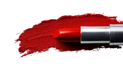 PNG of A vibrant red lipstick resting on a bold brushstroke of red paint, showcasing a glossy finish and an elegant design.