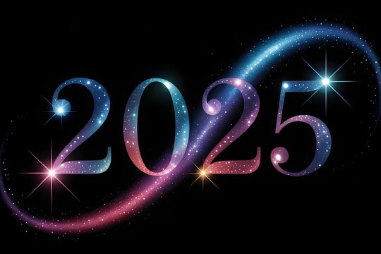 Happy New Year 2025, festive glowing text on black, sparkling cosmic background, luxury holiday celebration, abstract glitter effect, greeting card design, merry vibes, blue, purple, pink