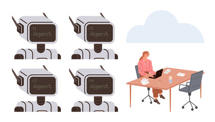 Robots labeled AI Agent organized in grid next to businesswoman at desk with laptop, documents, and coffee. Ideal for automation, AI, teamwork, decision-making, technology, productivity simple flat