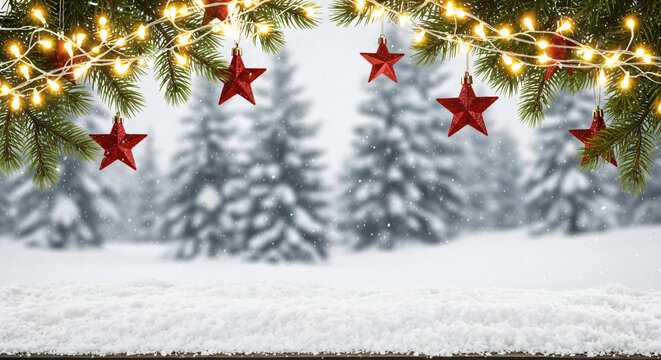 A winter-themed image featuring a snowy outdoor scene framed by festive holiday decorations. The foreground consists of a wooden floor, completely covered with snow.
