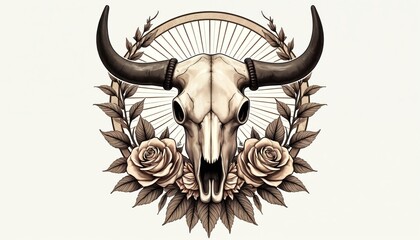 Visual illustration shows a bull skull with large horns. It has roses, leaves, and a sunburst pattern. This design blends nature, western style, and boho art. Art symbolizes life and death themes. © Viktor
