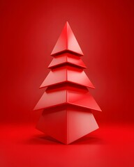 Fototapeta premium Minimalist Christmas tree 3D render, vibrant red, geometric holiday design, modern festive background, luxurious merry seasonal celebration, happy elegant graphic element.