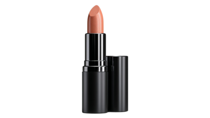 PNG of A sleek, metallic lipstick in a warm nude shade, elegantly displayed against a minimalist backdrop.