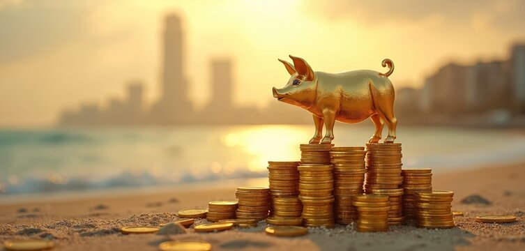 Golden pig stands on stack of coins at ocean. Symbolize wealth accumulation investment income financial success. Piggy bank stands on money near sea. Beachfront city buildings on horizon. - Powered by Adobe