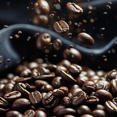 Close-up of roasted coffee beans falling onto a dark fabric surface