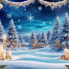 A winter landscape with snow-covered trees, candles, and decorative elements.