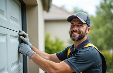 Smiling repairman fixes garage door. Home improvement worker in uniform installs door insulation. Pro maintenance service. Technician checks door mechanism. Happy worker repairs system at house.