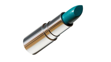 PNG of A vibrant teal lipstick gleams in metallic packaging, showcasing its shimmering finish against a clean background.